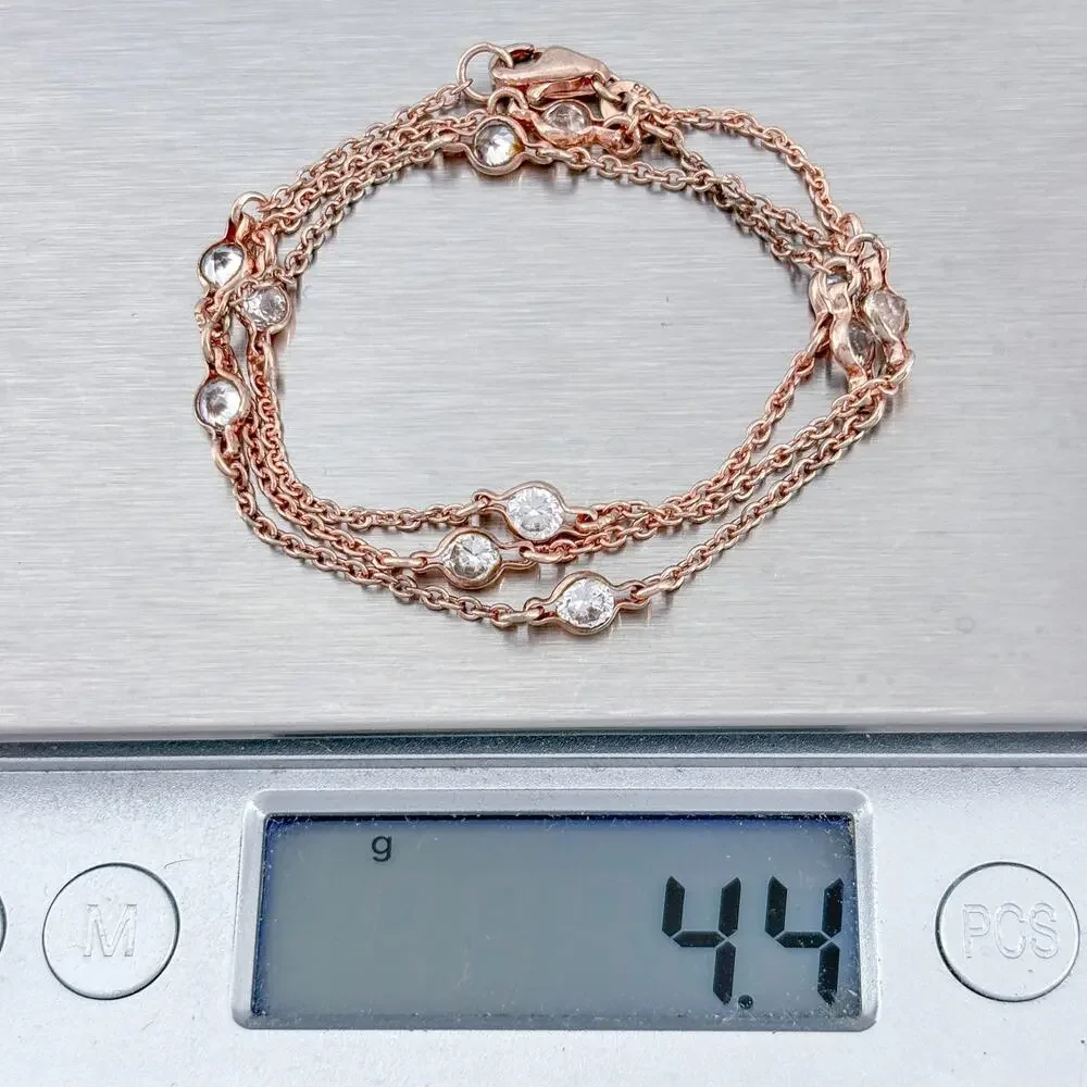 Vintage Sterling Silver 925 Rose Gold-Tone Cubic Zirconia Station Necklace 16